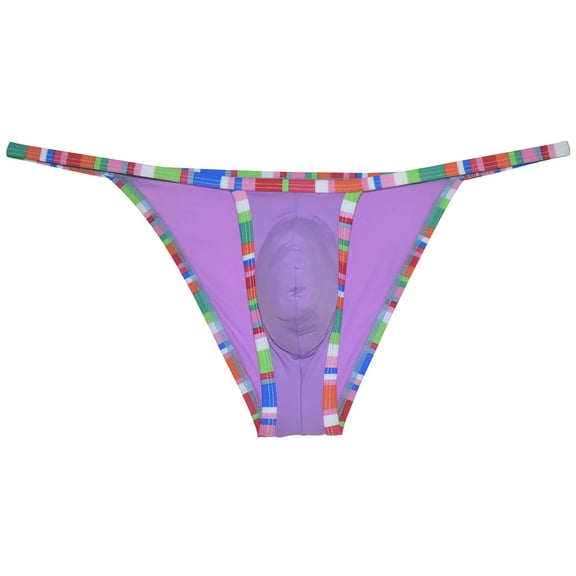 Botmois Men's Leopard Bordered Ice Silk Bikini G-String Underwear Sexy Lingerie Posing Jockstrap Hipster Thong Stretchy Soft Fabric Purple M