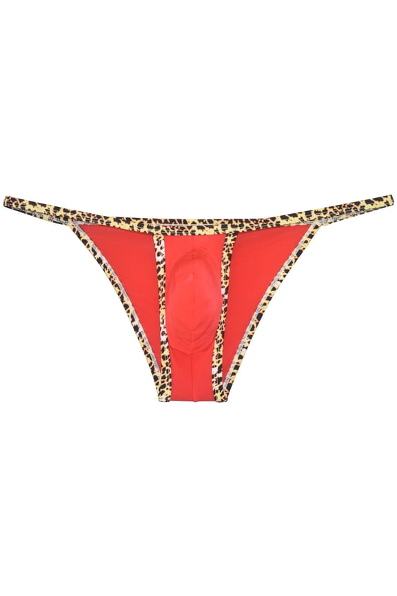 Men's Leopard Bordered Ice Silk Bikini G-String Underwear Sexy Lingerie Posing Jockstrap Hipster Thong Stretchy Soft Fabric Red L