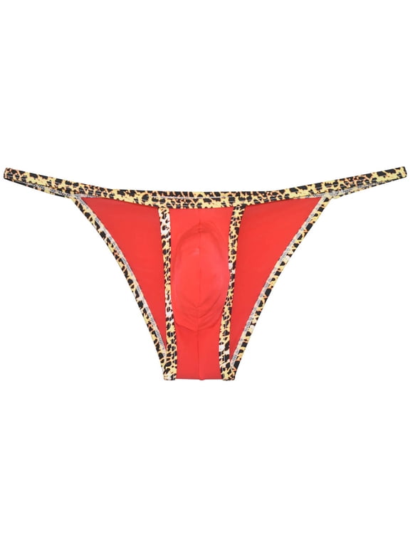 Men's Leopard Bordered Ice Silk Bikini G-String Underwear Sexy Lingerie Posing Jockstrap Hipster Thong Stretchy Soft Fabric Red M