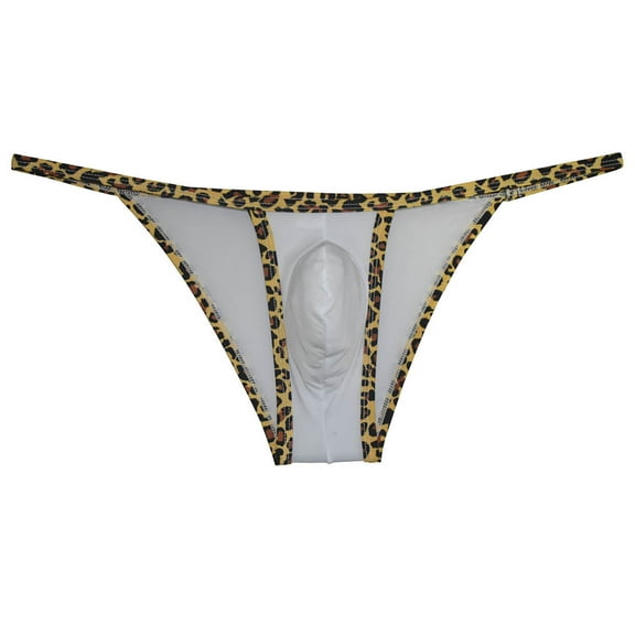 Botmois Men's Leopard Bordered Ice Silk Bikini G-String Underwear Sexy Lingerie Posing Jockstrap Hipster Thong Stretchy Soft Fabric White L