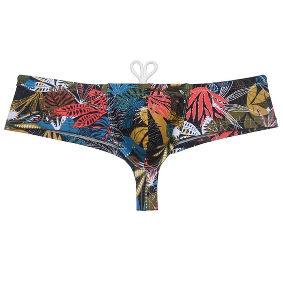 Botmois Men's Print Boxer Briefs Bathing Suit with Drawstring Quick-dry Swim Thong Mini Bottom Swimsuit Pouch Bikini Trunks Jockstrap Underwear Maple Leaf XL