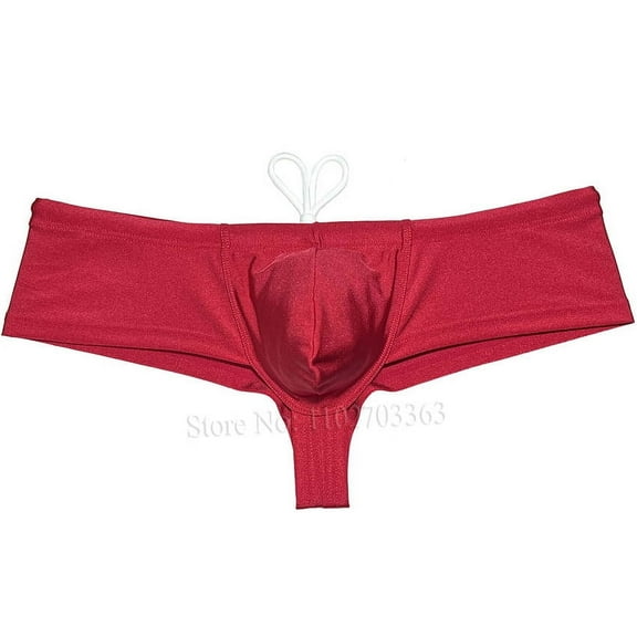 Botmois Men's Solid Nylon Brazilian Bikini Boxers Briefs Swimwear Drawstring Swimsuit Shiny Cheeky Swim Thong Beach Bathing Suit Mini Surfing Trunks Red L