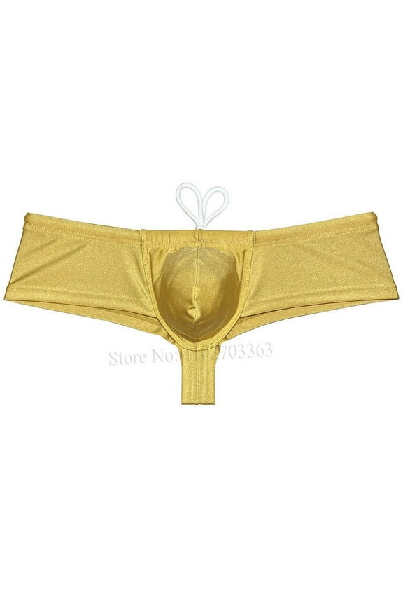 Men's Solid Nylon Brazilian Bikini Boxers Briefs Swimwear Drawstring Swimsuit Shiny Cheeky Swim Thong Beach Bathing Suit Mini Surfing Trunks Dark Yellow X