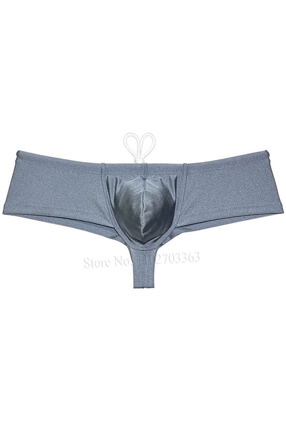 Men's Solid Nylon Brazilian Bikini Boxers Briefs Swimwear Drawstring Swimsuit Shiny Cheeky Swim Thong Beach Bathing Suit Mini Surfing Trunks Dark Gray X