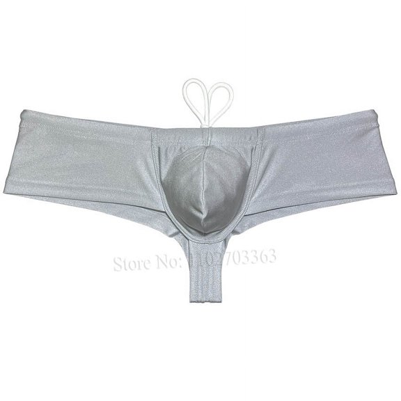 Botmois Men's Solid Nylon Brazilian Bikini Boxers Briefs Swimwear Drawstring Swimsuit Shiny Cheeky Swim Thong Beach Bathing Suit Mini Surfing Trunks Light Gray L