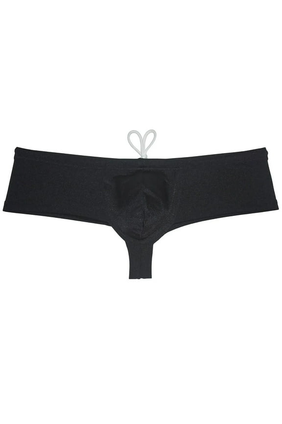 Men's Solid Nylon Brazilian Bikini Boxers Thong Swimwear Drawstring Swimsuit Shiny Cheeky Swim Boxer Briefs Swim Trunks Black XL