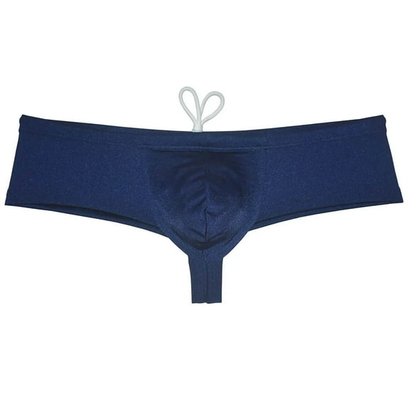 Botmois Men's Solid Nylon Brazilian Bikini Boxers Thong Swimwear Drawstring Swimsuit Shiny Cheeky Swim Boxer Briefs Swim Trunks Navy Blue XL