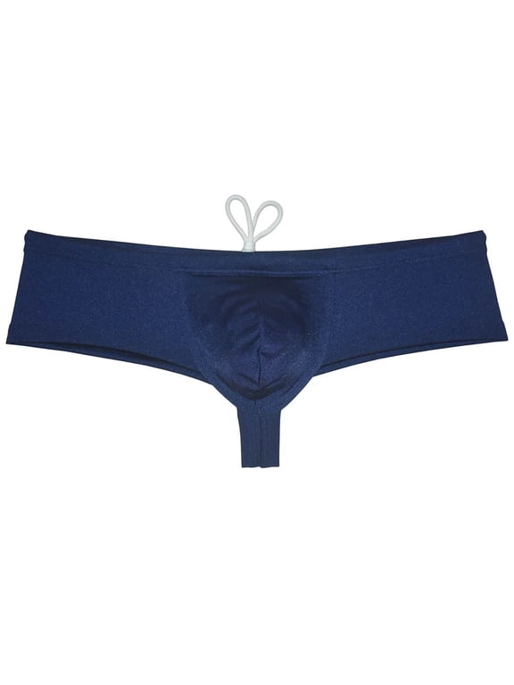 Men's Solid Nylon Brazilian Bikini Boxers Thong Swimwear Drawstring Swimsuit Shiny Cheeky Swim Boxer Briefs Swim Trunks Navy Blue XL