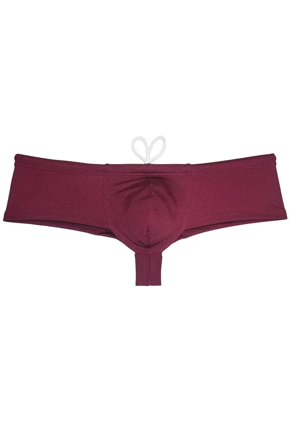 Men's Solid Nylon Brazilian Bikini Boxers Thong Swimwear Drawstring Swimsuit Shiny Cheeky Swim Boxer Briefs Swim Trunks Wine Red L