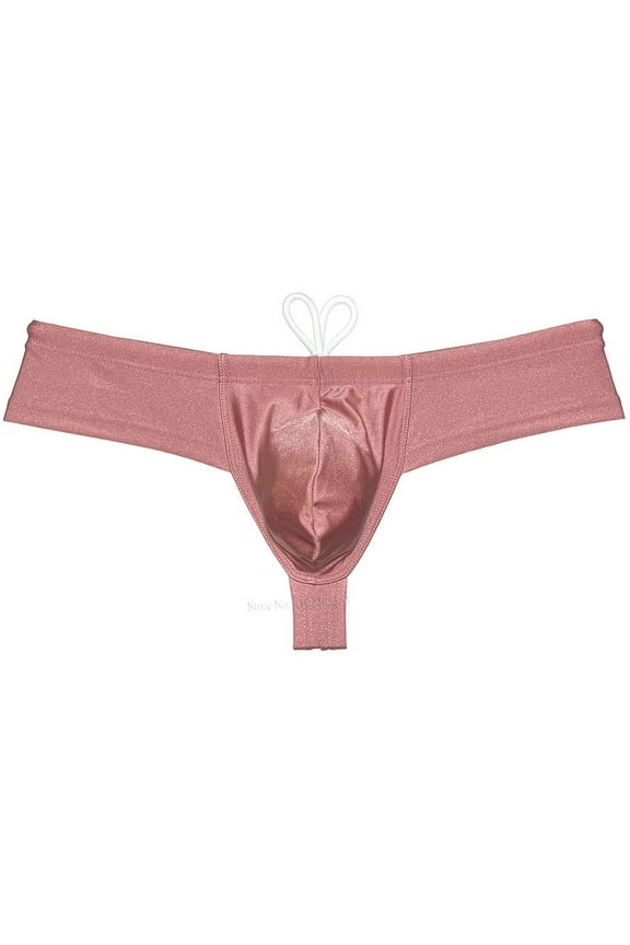 Men's Solid Swim Boxer Briefs Smooth Bikini Bottoms Thong Soft Drawstring Triangle Swimwear Shiny Mini Beach Boardshorts Bathing Suit Coral Pink M