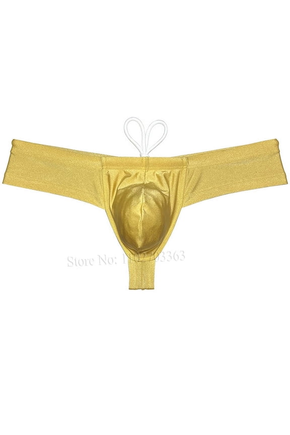Men's Solid Swim Boxer Briefs Smooth Bikini Bottoms Thong Soft Drawstring Triangle Swimwear Shiny Mini Beach Boardshorts Bathing Suit Dark Yellow M