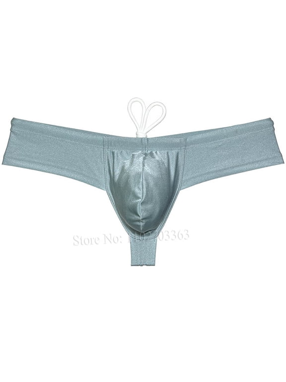 Men's Solid Swim Boxer Briefs Smooth Bikini Bottoms Thong Soft Drawstring Triangle Swimwear Shiny Mini Beach Boardshorts Bathing Suit Sage Green M