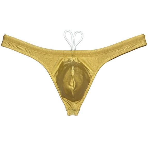 Botmois Men's Solid Swim Briefs Breathable Bikini Bottoms Thong Drawstring Swimwear Shiny Swimming Spandex Tangas Bathing G-String Dark Yellow M