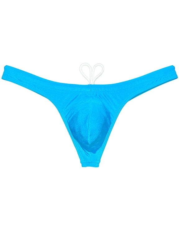 Men's Solid Swim Briefs Breathable Bikini Bottoms Thong Drawstring Swimwear Shiny Swimming Spandex Tangas Bathing G-String Lake Blue M