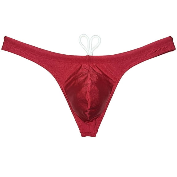 Botmois Men's Solid Swim Briefs Breathable Bikini Bottoms Thong Drawstring Swimwear Shiny Swimming Spandex Tangas Bathing G-String Red L