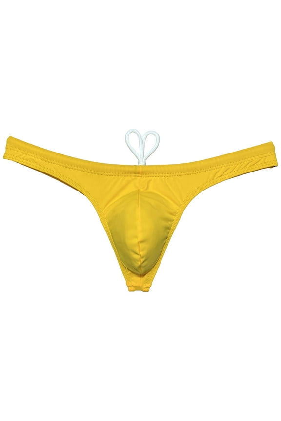 Men's Swim Briefs with Lining Mini Bikini Trunks Drawstring Thongs Swimwear Soft Breathable G-Strings Quick-dry Tangas Underwear Dark Yellow XL