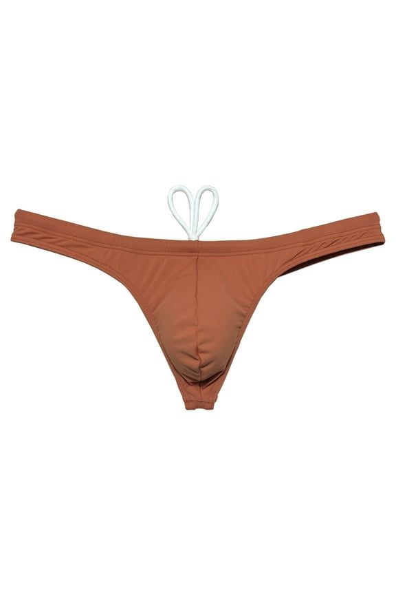 Men's Swim Briefs with Lining Mini Bikini Trunks Drawstring Thongs Swimwear Soft Breathable G-Strings Quick-dry Tangas Underwear Caramel M