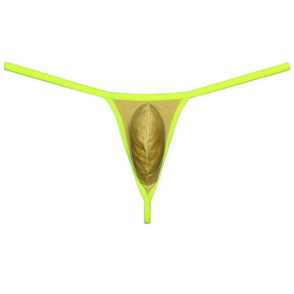 Botmois Sexy Men Underwear Sports Shiny Thong Spandex Balls Hole Thong Bulge Pouch G-string Balls Out Tangas Dark Yellow XL