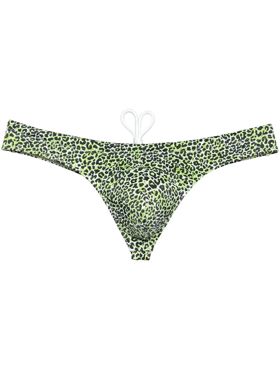 Swim Thong Men's Underwear Male Bikini Brief Drawstring Lined Swimwear Enhancing Pouch Beach Swimsuit Quick-dry Leopard Sunbathing GreenLeopard XL