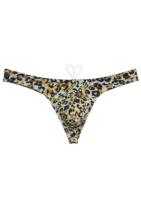 Swim Thong Men's Underwear Male Bikini Brief Drawstring Lined Swimwear Enhancing Pouch Beach Swimsuit Quick-dry Leopard Sunbathing OrangeLeopard M