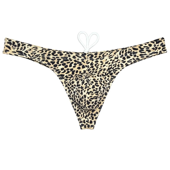 Botmois Swim Thong Men's Underwear Male Bikini Brief Drawstring Lined Swimwear Enhancing Pouch Beach Swimsuit Quick-dry Leopard Sunbathing SamllBrownLeopard M