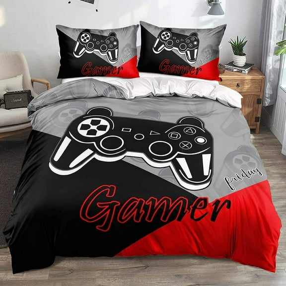 Botoutin 2-Piece Gaming Grey Black Red Bedding Sets, Twin