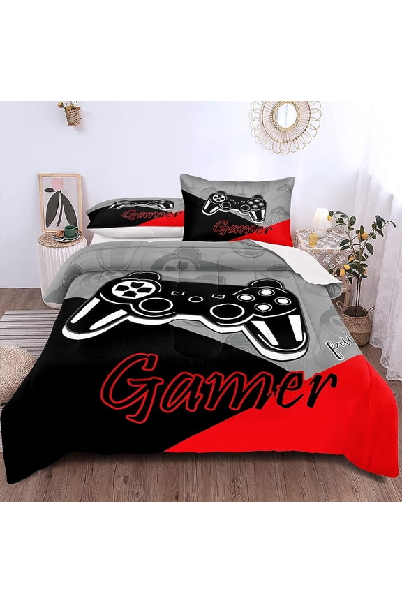 2-Piece Video Game Grey Red Comforter Bedding Sets, Twin