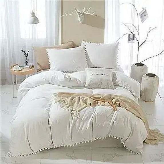Botoutin Pom Pom Duvet Cover Set Twin Size, White Solid Color Farmhouse Bedding Set with White Fringe Ball,Breathable Washed Microfiber Cover - 2 Pieces (White, Queen)