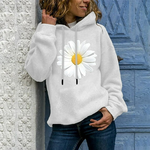Botrong Autumn Winter Ladies Long-Sleeved Pullover Print Round Neck Hooded Sweatshirt Gifts for Family