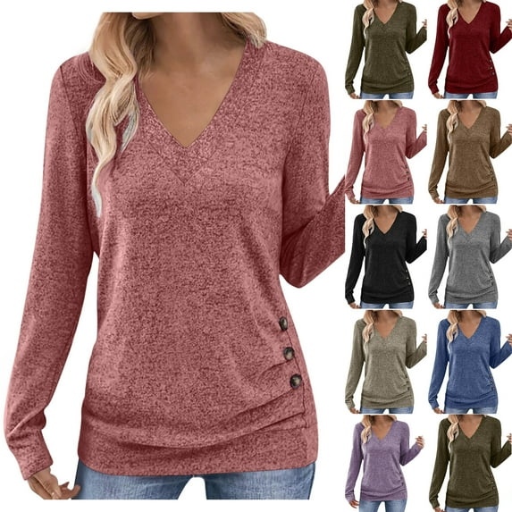 Long Sleeve Shirts for Women V-neck Hooded Spring/Fall Long Sleeve Blouse Casual Tunic Tops Lightweight Pullover Sweaters for Women