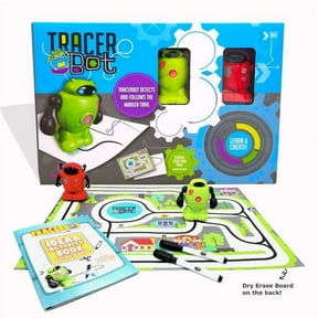 MUKIKIM Tracerbot Set (2 Robot Set) - Mini Inductive Robot That Follows The Black Line You Draw. Fun, Educational, & Interactive Stem Toy! Includes Trail Map, Dry Erase Board, & Playbook