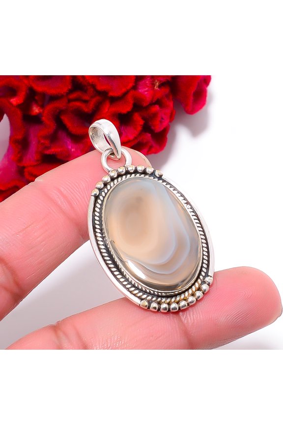 Botswana Agate - Botswana Designer Handmade 925 Sterling Silver Pendant 1.87" P96644, Christmas Gift