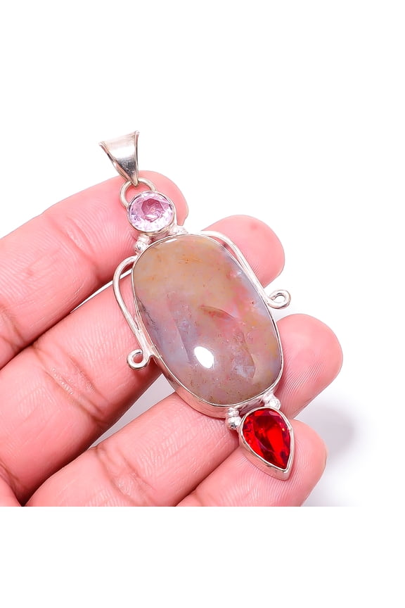 Botswana Agate - Botswana & Red Garnet 925 Sterling Silver Pendant 2.73" P133