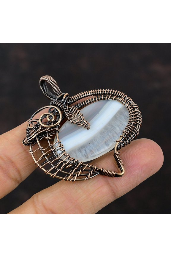 Botswana Agate Wire Wrapped Pendant Handcrafted Copper Unique Jewelry 2.28"