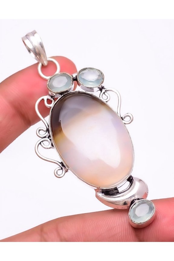 Botswana Lace Agate & Opalite 925 Sterling Silver Pendant 2.7" M1522, Agate Pendant, Christmas Gift, New Year Sale, Gemstone Silver Jewelry