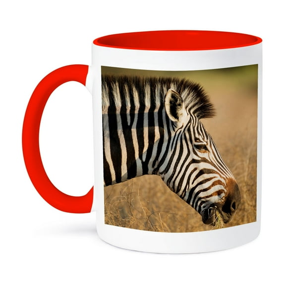 3drose, Botswana, Moremi Game Reserve, Plains Zebra Feeding on Dry Grass., 15oz Two-tone Red Mug