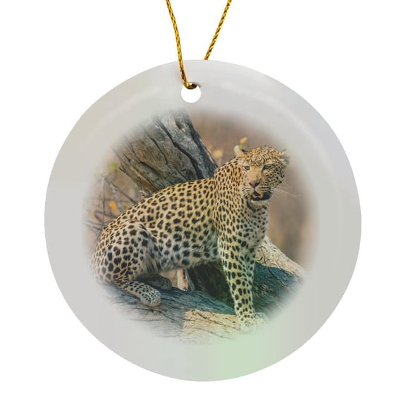 3drose, Botswana. Okavango Delta. Khwai Concession. Leopard on a Fallen Log., Circle Porcelain Ornament