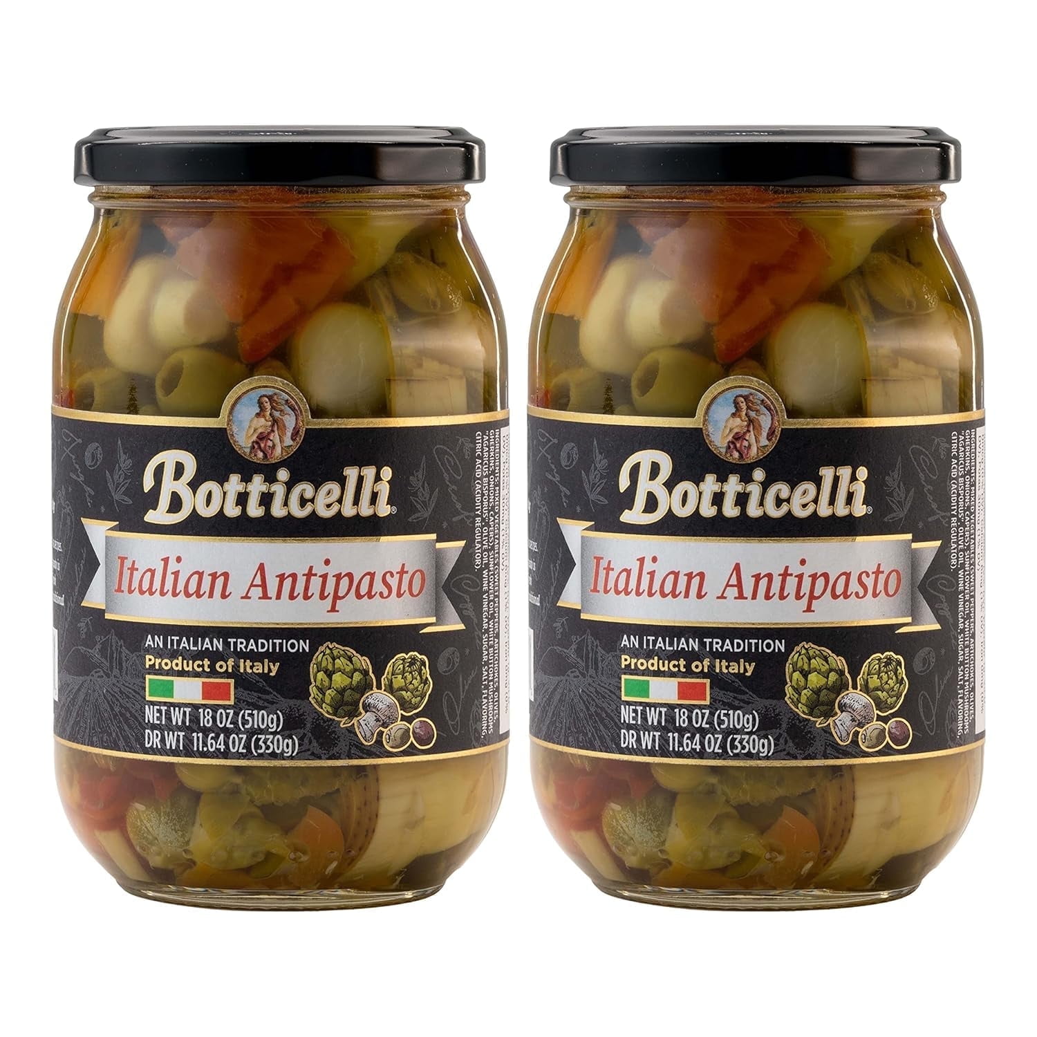 Botticelli Premium Italian Antipasto with Artichoke, Olives & Mushroom Pieces- 2 Pack, 18oz