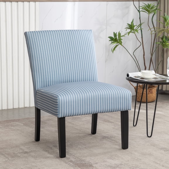 Botticelli Upholstered Slipper Accent Chair - Solid Wood Blue Elegant Stripe Pattern Living Room Bedroom Cozy Home Decor Addition