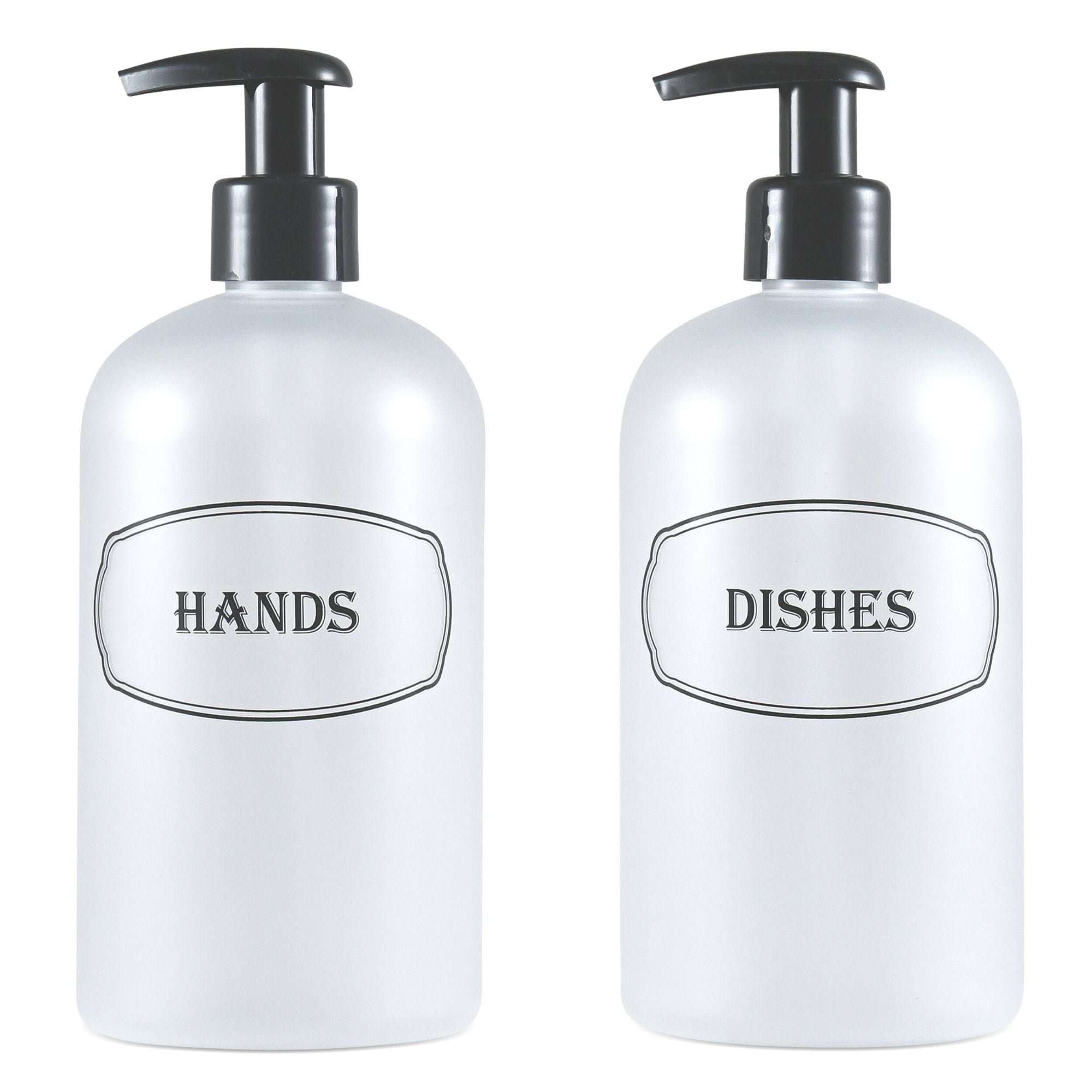 Bottiful Home- 16 oz Frosted Clear Hand Soap and Dish Soap Dispenser Kitchen Sink Pump Bottle Set-Black Print-Empty PET Plastic-Waterproof, Rust-Free, Clog-Free, Drip-Free