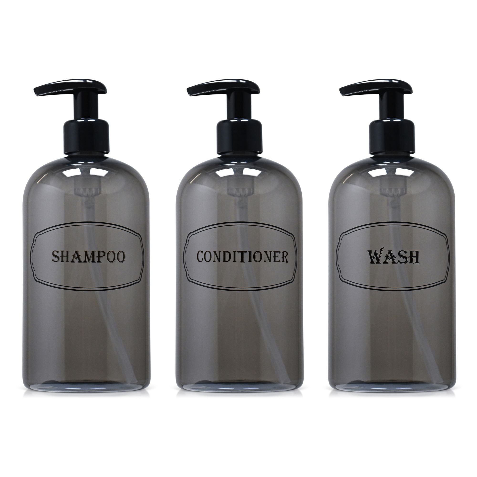 Gray PET Plastic Shampoo, Conditioner, Wash Dispenser Set