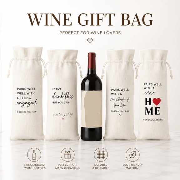 Bottle Bag, 14X6 in Custom Printed Linen Bag, Reusable Drawstring Gift Bag, Congratulations Themed Wedding Party Gift Pouch, Lightweight Washable Reusable Bag, Multipurpose for