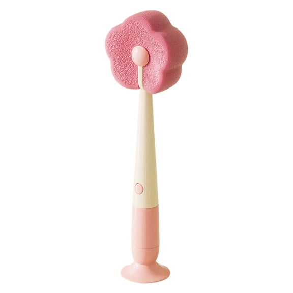 Bottle Brush, 3-in-1 Suction Cup Flower Sponge Bottles Brush, Detail Brush for Cup Lid Gap & Straw, Removable Nipple Brush, Long Handle Multi-Purpose Cup Cleaning Brush, Pink