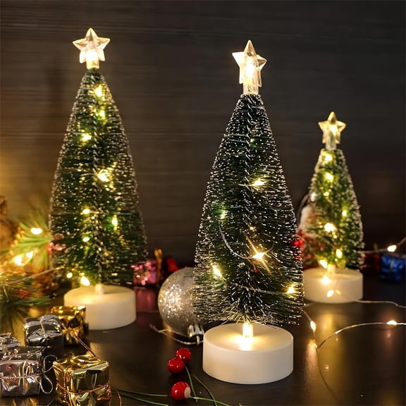 Bottle Brush Christmas Trees, Set of 3 Bottle Brush Trees with LED Lights for Christmas Decor, Mini Christmas Tree for Tabletop,Christmas Decorations Indoor,Green Frosted Sisal Trees Xmas Decor