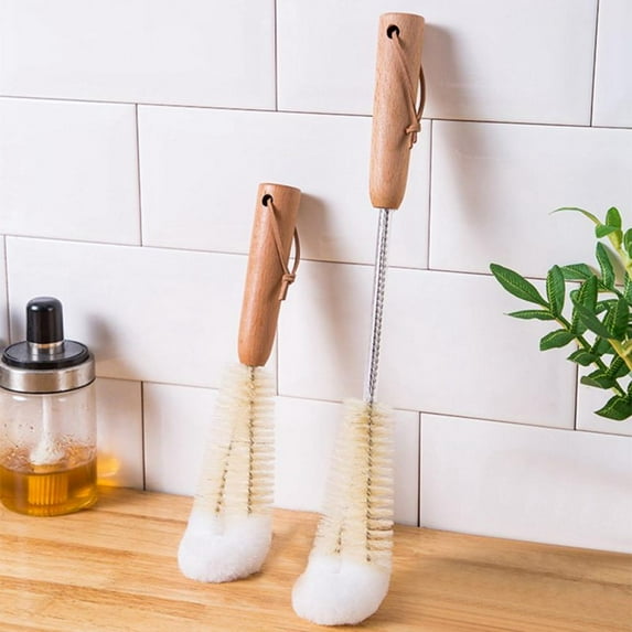 Bottle Brush Cleaner - Long Wood Handle Water Bottle Straw Cleaning Brush for Washing Narrow Neck Beer Wine Decanter, Baby/ Sports Bottle, Thermos, Flask