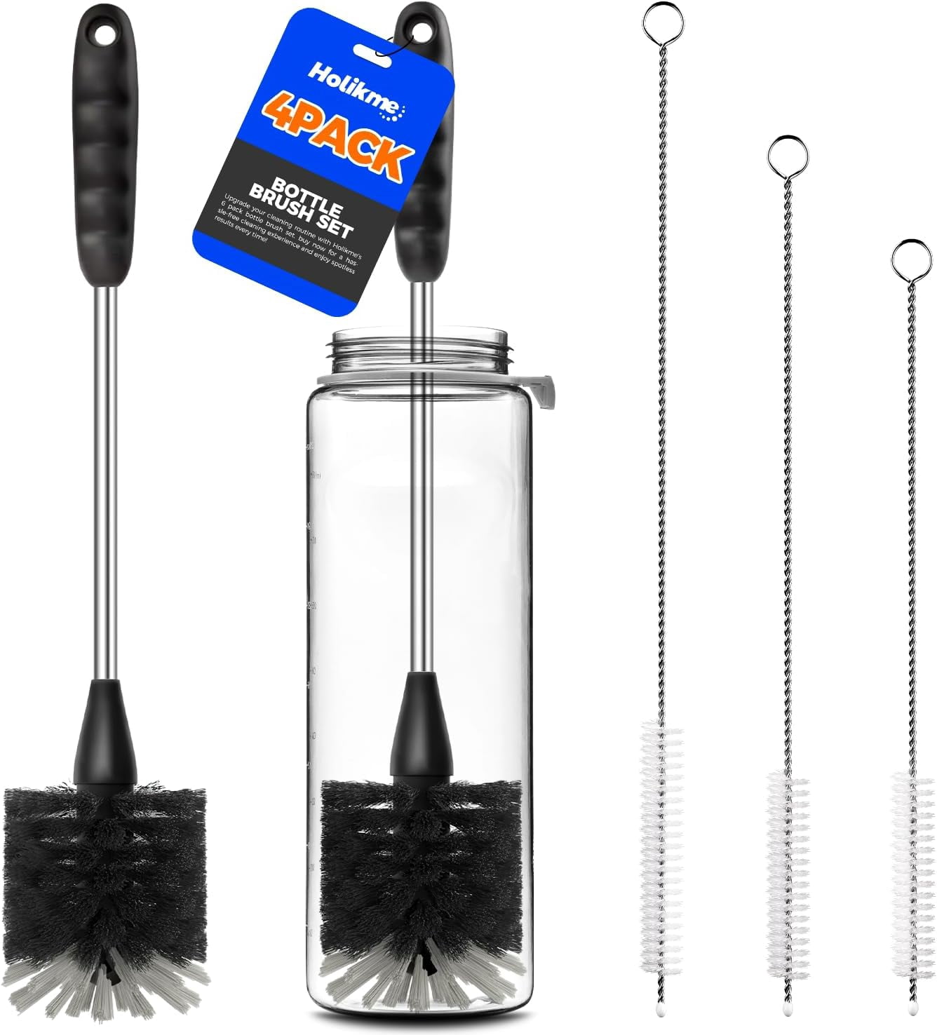 Bottle Brush Cleaner Set, 14" Long Handle Stainless Steel Bottle Cleaner Brush, 3 Straw Cleaner Brush, Bottle Cleaning Brush for Water Bottle, Cups, Abrasive Wheel Brushes, Straws Black