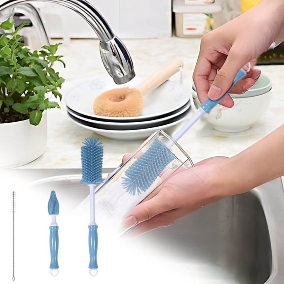 Bottle Brush Cleaner Set of 3, Long Handle Water Bottle & Straw Cleaner Brushes for Sports Bottles, Baby Bottles, Mugs, Straws, Blue