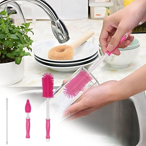 Bottle Brush Cleaner Set of 3, Long Handle Water Bottle & Straw Cleaner Brushes for Sports Bottles, Baby Bottles, Mugs, Straws, Hot Pink