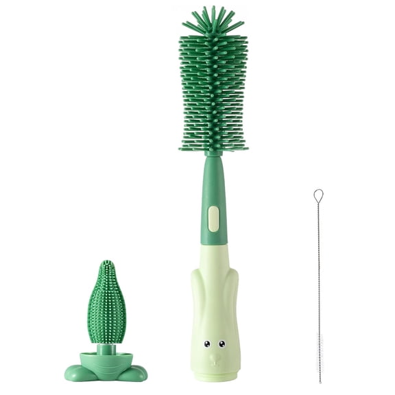 Bottle Brush with One Straw Cleaner Brush, Silicone Baby Bottle Cleaning Brush with Stand, Large Handle Water Bottle Brush Cleaner Set, Cup Lid Cleaner Brushes Kit, Green