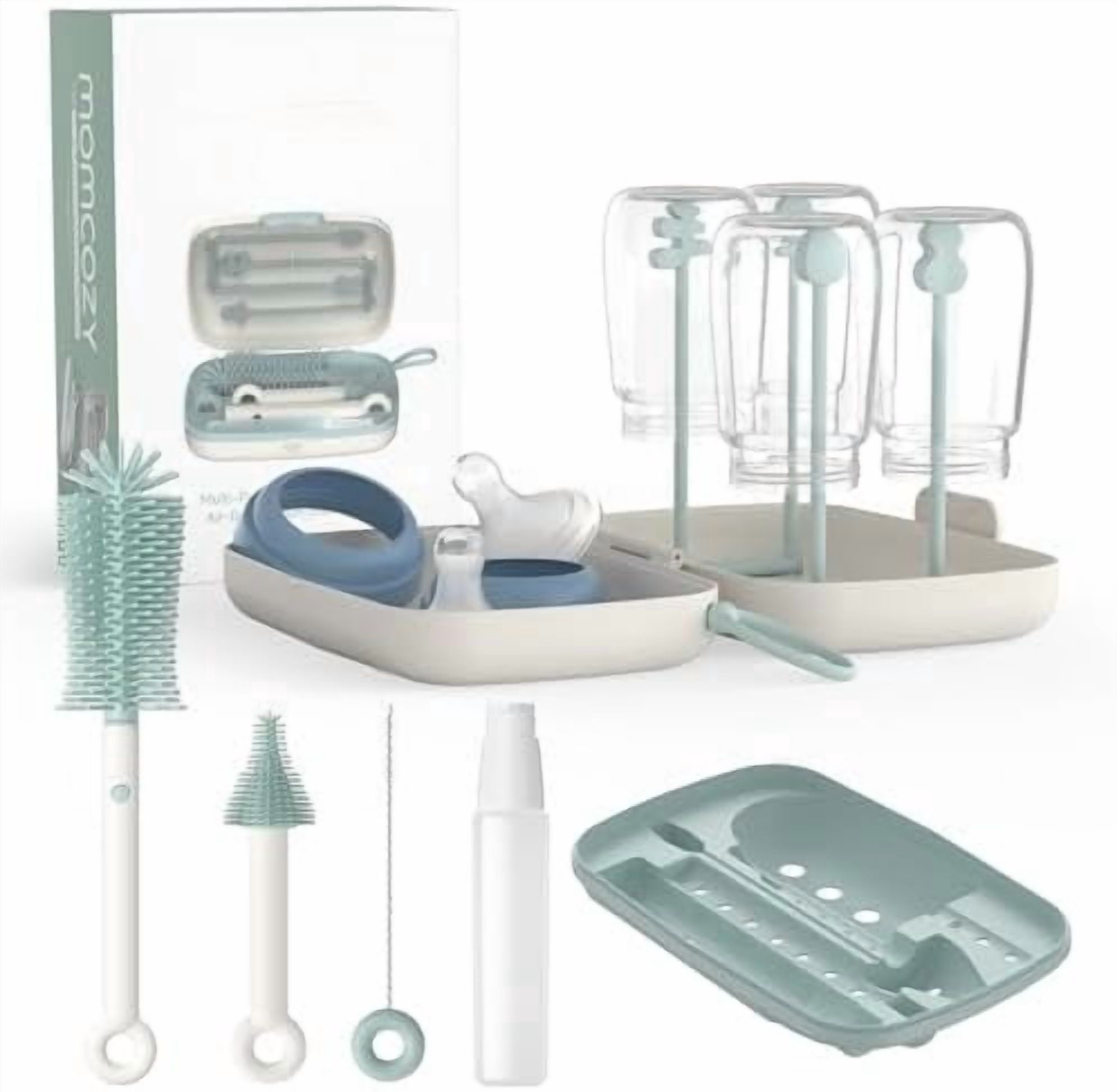 Bottle Brush Set - Baby Bottle Cleaner Kit with Silicone Brush, Nipple Brush, Straw Brush, Soap Dispenser, Drying Rack - 7 in 1 Bottle Cleaning Tool for Home and Travel, Green